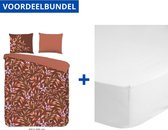 Luxe Zachte Dekbedovertrek Tweepersoons - 200x200/220cm - Inclusief 2 Kussenslopen - 100% Versterkt Katoen - Terracotta Hazel + Zachte Katoenen Hoeslaken -140x200cm - Wit