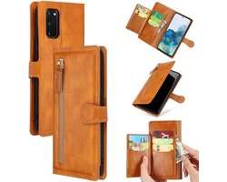Bookcase Hoesje Geschikt voor: Samsung Galaxy A72 met ritssluiting - Flipcover - Magnetisch - 5 kaarten houder - Lichtbruin