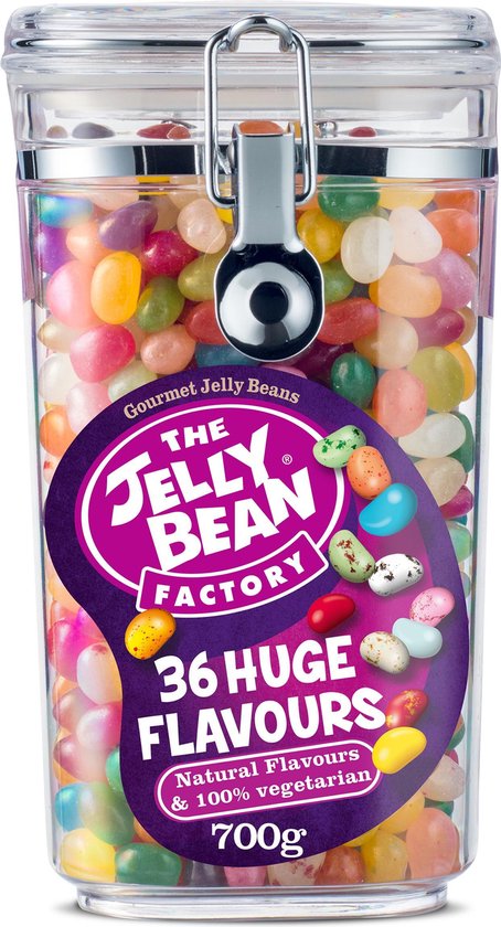 The Jelly Bean Factory snoep in snoeppot gevuld met jelly beans cadeau - verjaardag - 36 verschillende smaken - candy jar 700 g snoepgoed