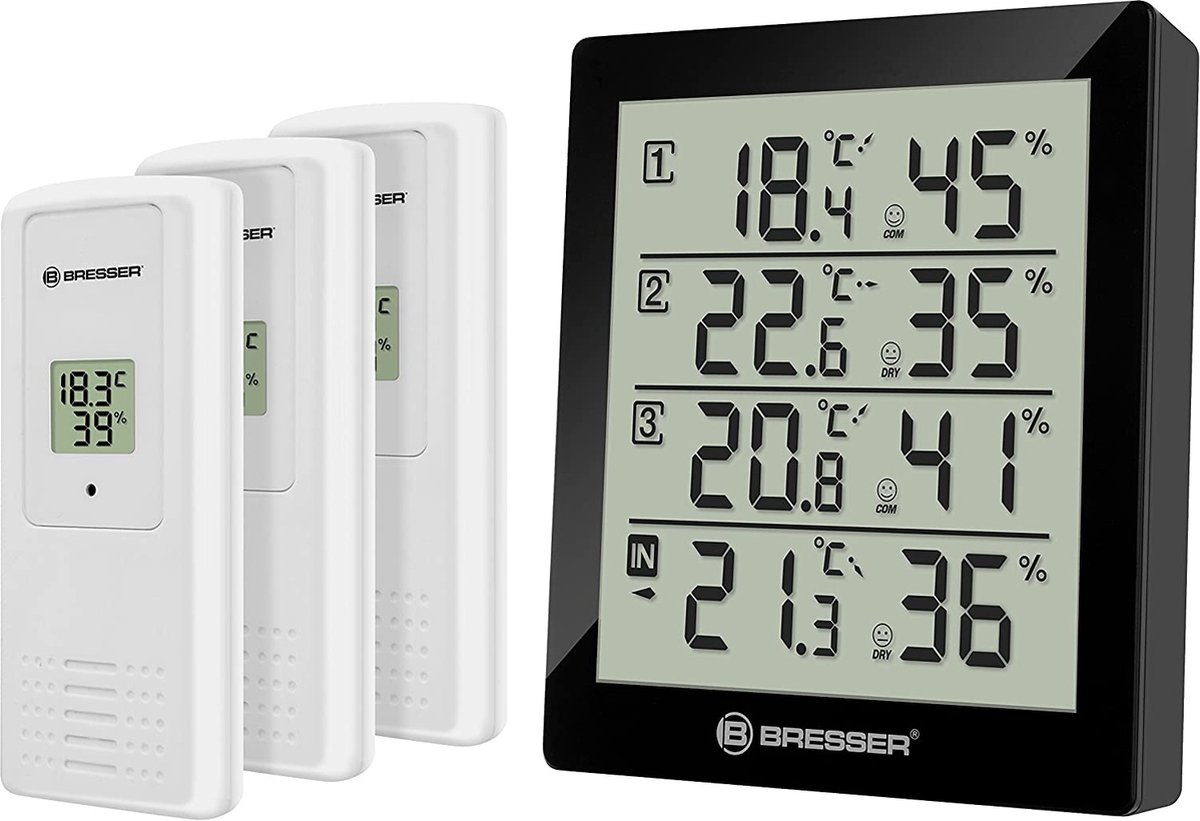 Bresser Temeo Thermo- en Hygrometer Zwart incl. 3 Sensoren voor Binnen en Buiten