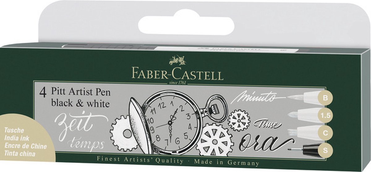 Faber-Castell tekenstift - Pitt Artist Pen - zwart en wit - 4-delig etui lijnbreedte B, 1.5, C, S - FC-167151