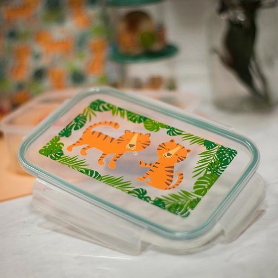 Boîte à pain transparente avec bordure verte et illustration de deux tigres souriants parmi des feuilles tropicales.