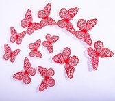 Cake topper decoratie vlinders of muur decoratie met plakkers 12 stuks rood - 3D vlinders - VL-03