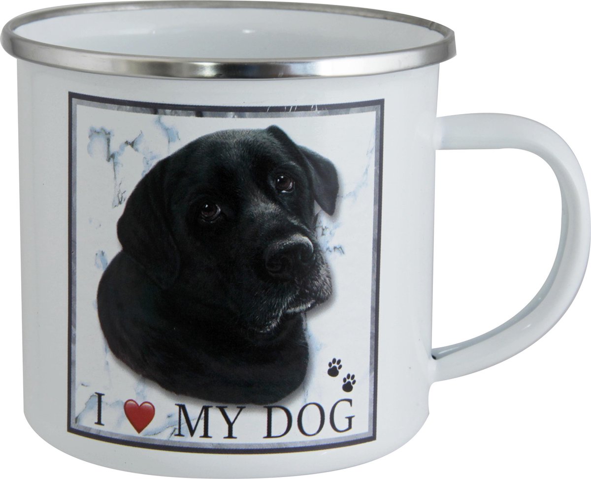 1023 rvs drinkbeker wit met 2 Zwarte Labrador afbeeldingen.