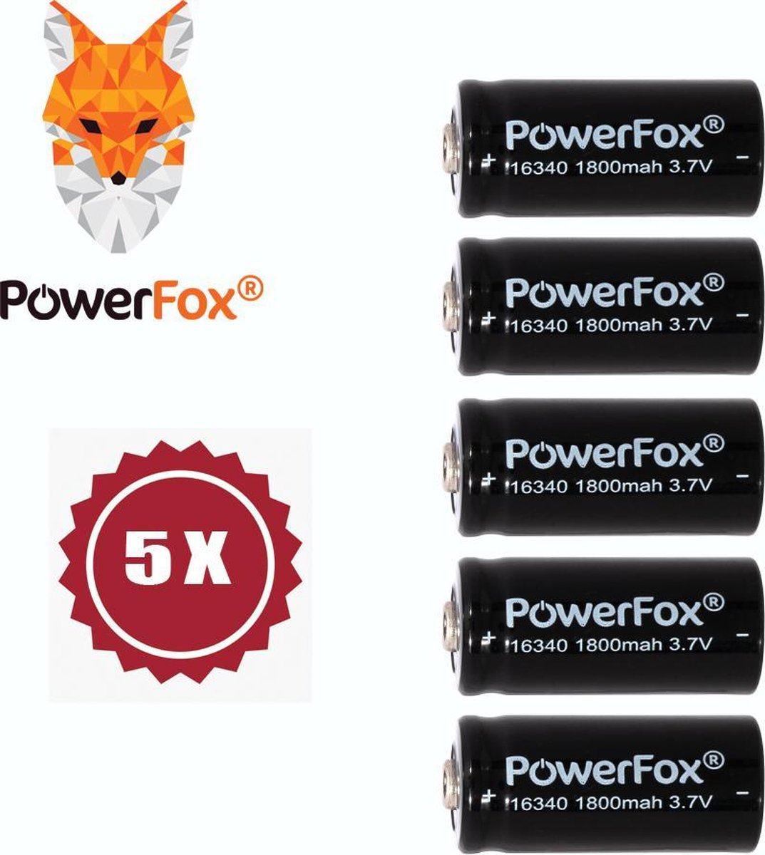 PowerFox® 5x 16340 Lithium batterij 3,7V 1800mAh oplaadbare batterijen zwart