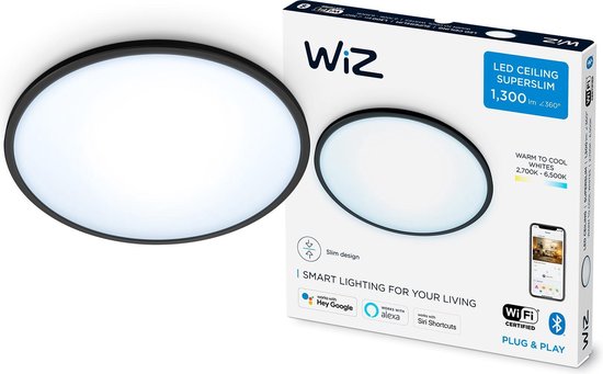 WiZ Plafonnier Superslim 14 W, Éclairage de plafond intelligent, Wi-Fi/Bluetooth, Noir, LED, Ampoule(s) non remplaçable(s), 2700 K