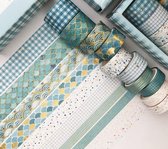 Washi Tape - 10 rouleaux - Blauw/ Vert avec Feuille d' Or - Masking Tape