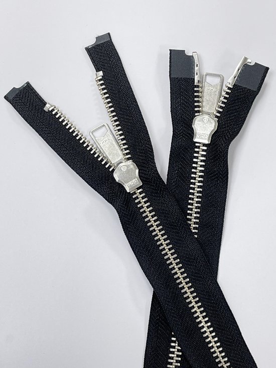 Dubbel Deelbare rits, Zwart, Nikkeltandjes, 60 cm, Zilver. Grof (maat 8) bol