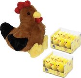 Pluche bruine kippen/hanen knuffel van 25 cm met 12x stuks mini kuikentjes - Paas/Pasen decoratie