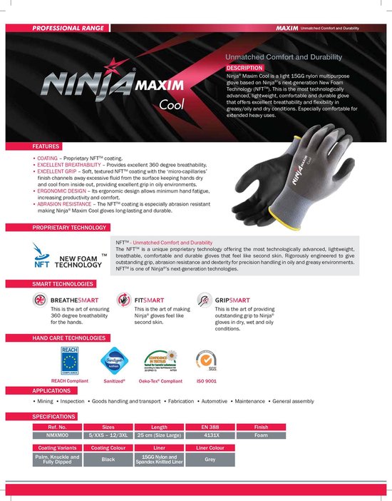 Ninja maxim cool allround montage werkhandschoenen 34872-090 luchtdoorlatend - nitril foam-coating - maat L/9 - Ninja Gloves