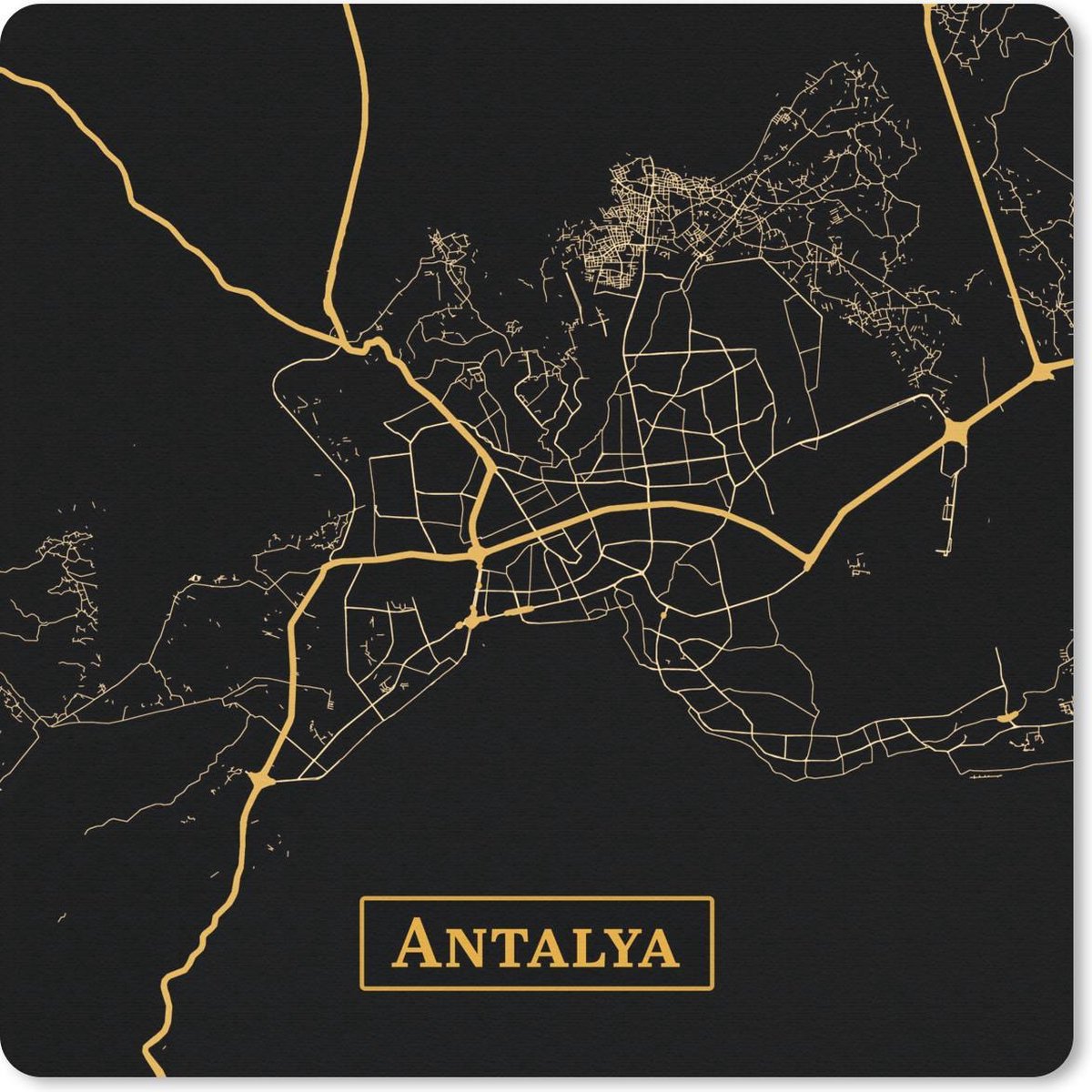 Muismat 20x20 cm - Mousepad Kaart - Antalya - Goud - Zwart - Muismatten