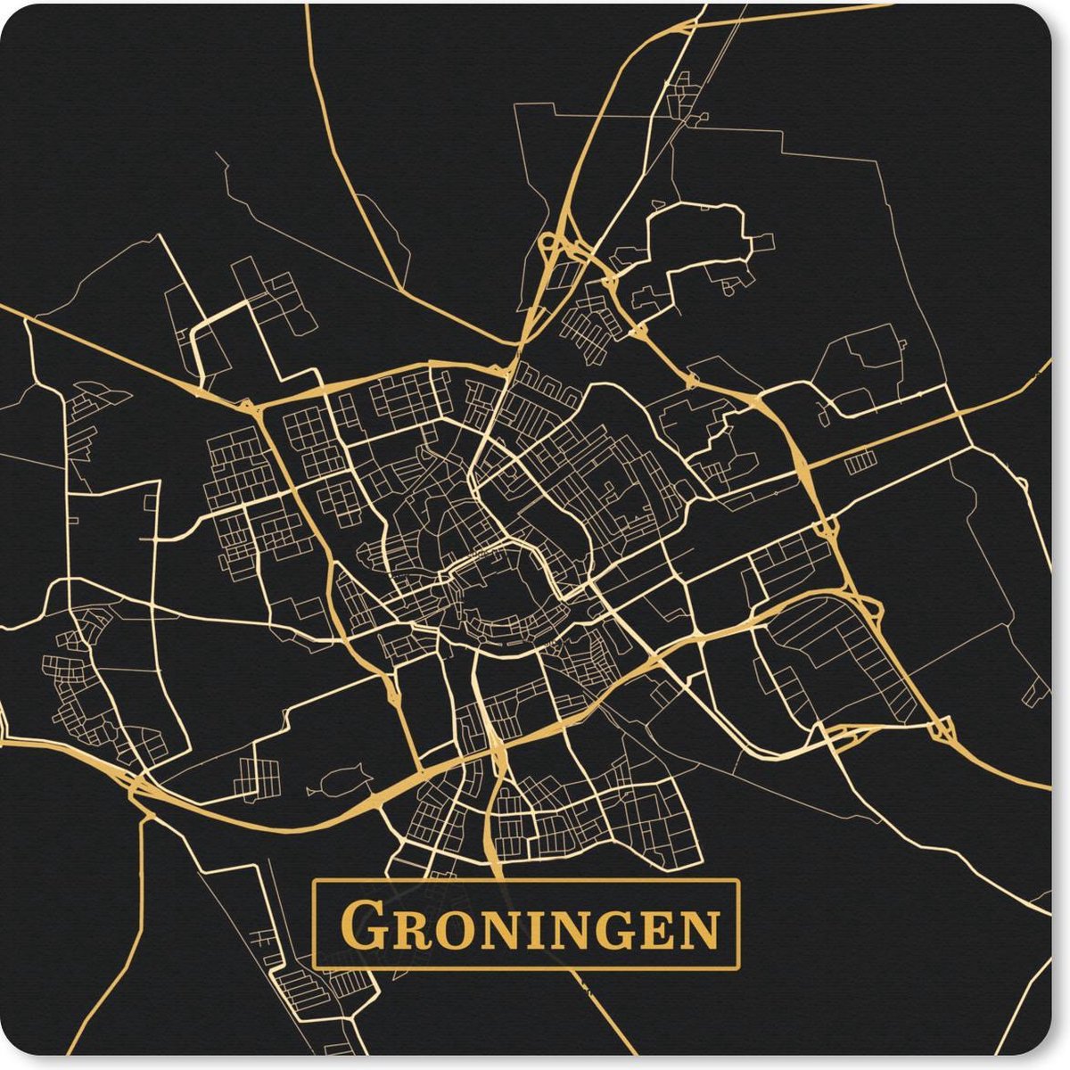 Muismat 20x20 cm - Mousepad Kaart - Groningen - Goud - Zwart - Muismatten