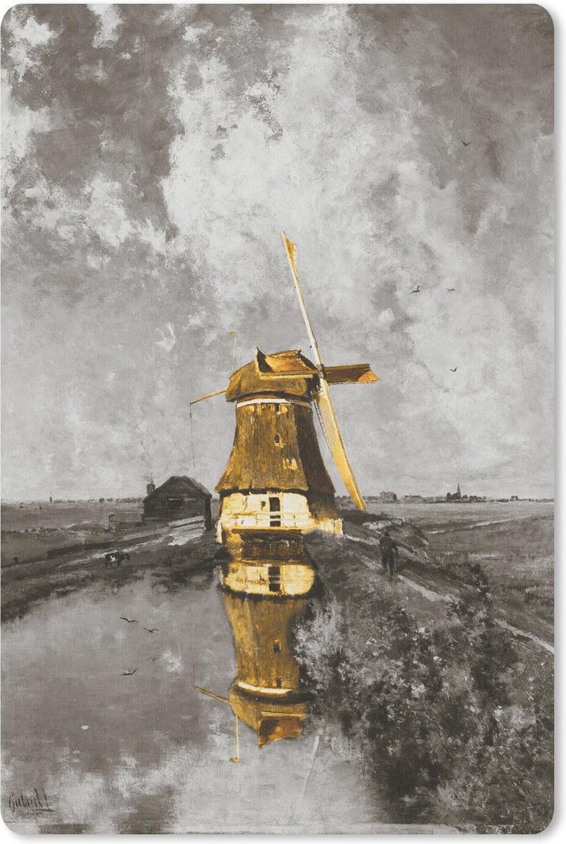 Muismat - Mousepad - Molen aan een poldervaart - Gabriël - Goud - 40x60 cm - Muismatten