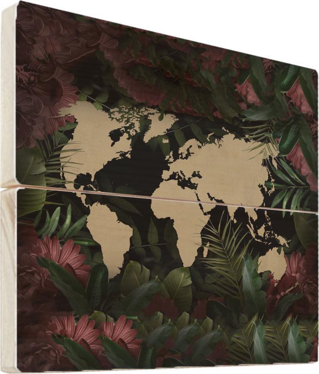 Afbeelding van product MuchoWow  Wanddecoratie hout - Wereldkaart - Bloemen - Roze - 50x50 cm