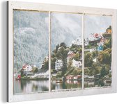 Wanddecoratie Metaal - Aluminium Schilderij Industrieel - Doorkijk - Berg - Mist - 90x60 cm - Dibond - Foto op aluminium - Industriële muurdecoratie - Voor de woonkamer/slaapkamer