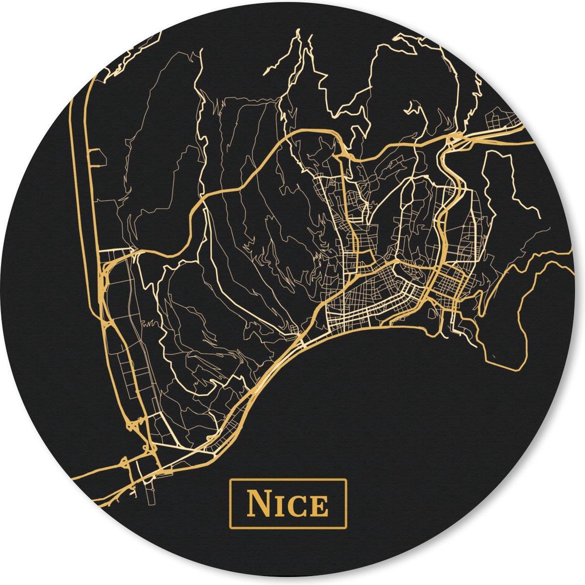 Muismat rond 20x20 cm - Mousepad Kaart - Nice - Zwart - Goud - Ronde muismatten