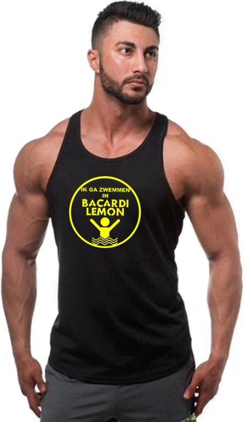 Zwarte Tanktop sportshirt met “Ik ga zwemmen in Bacardi Lemon “ print