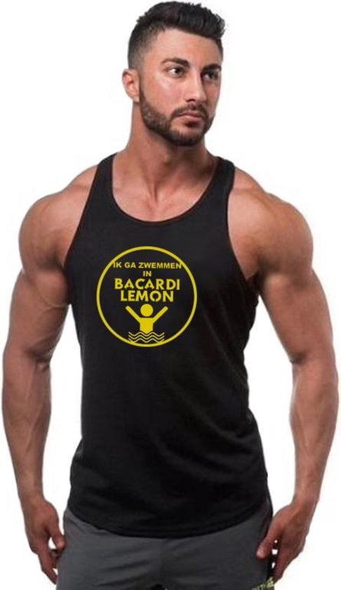 Zwarte Tanktop sportshirt met “Ik ga zwemmen in Bacardi Lemon “ print goud Size XL