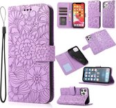 Skin Feel Reliëf Zonnebloem Horizontale Flip Lederen Case met Houder & Kaartsleuven & Portemonnee & Lanyard Voor iPhone 12 (Paars)