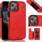 Vlinders Bloemen Dubbele gesp PU + TPU-beschermhoes met houder & kaartsleuven & fotolijst voor iPhone 13 Pro (rood)