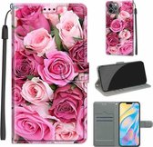 Spanning Gekleurde Tekening Magnetische Sluiting Horizontale Flip PU Lederen Case met Houder & Kaartsleuven Voor iPhone 13 (C17 Green Leaf Pink Rose)