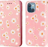 Glinsterende Daisy magnetische horizontale flip lederen hoes met houder en kaartsleuven en fotolijst voor iPhone 13 (roze)