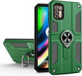 Voor Motorola Moto G9 Plus koolstofvezelpatroon pc + TPU-beschermhoes met ringhouder (donkergroen)