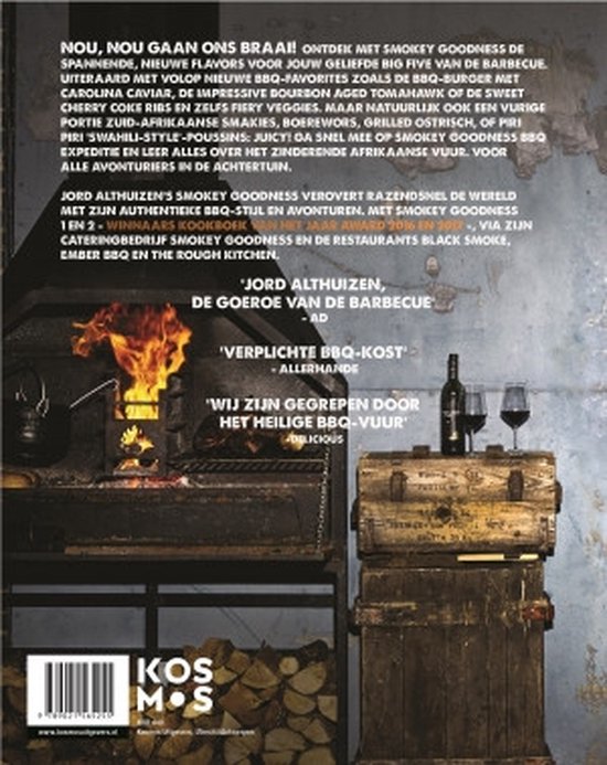 Boekomslag met tekst over barbecue en een open haard met vuur.