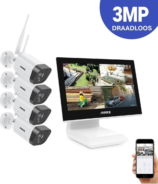 Ariko Annke Draadloos 3MP camerabeveiligingssysteem 10 inch monitor 1TB HD/live internet - 4 draadloze camera's - Plug and play