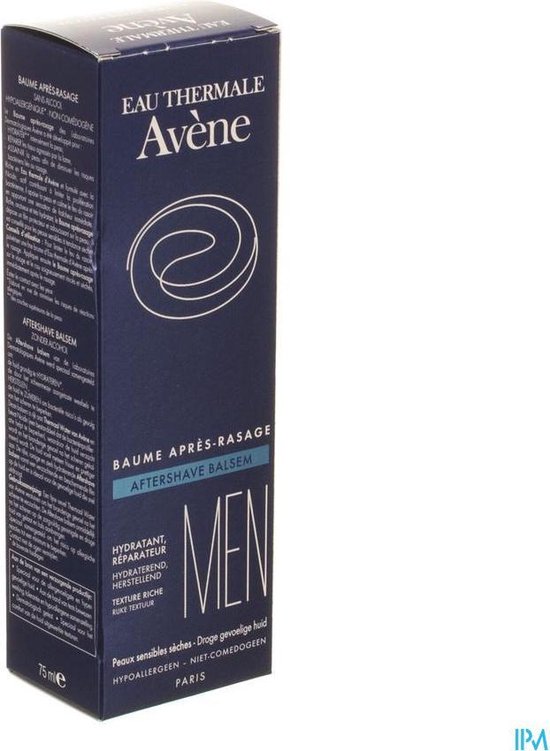 Donkerblauwe kartonnen verpakking met gedetailleerde witte tekst en een cirkelvormig logo voor Avène Men Aftershave Balsem.