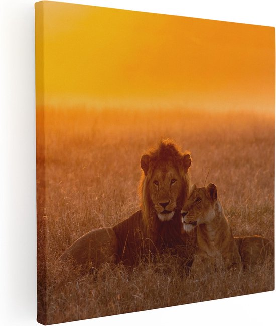 Artaza Canvas Schilderij Leeuw En Leeuwin Tijdens Zonsondergang - 50x50 - Foto Op Canvas - Canvas Print