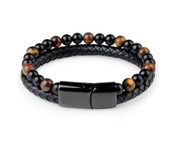 Victorious Leren Natuurstenen Armband Heren – Zwart Leer en Tijgeroog Natuurstenen – Zwart/Bruin – 20.5cm