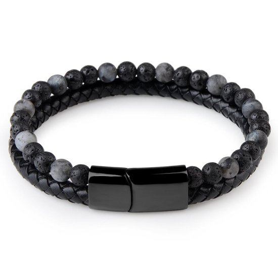 Dubbele armband met gevlochten zwart leer, zwarte lavasteen en grijs gevlekte kralen met zwarte sluiting.