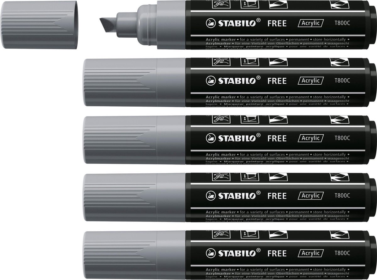 STABILO FREE - Acryl Marker - T800C - Schuine Punt - 4-10 mm - Donker Grijs - Doos 5 stuks