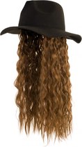 Zwarte verkleed hoed met pruik lang bruin haar - Verkleedhoeden met haarstuk