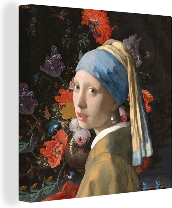 Canvas Schilderij Meisje met de parel - Vermeer - Bloemen - 90x90 cm - Wanddecoratie