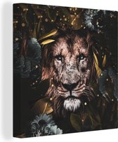 Canvas Schilderij Leeuw - Wilde dieren - Bloemen - Licht - 90x90 cm - Wanddecoratie