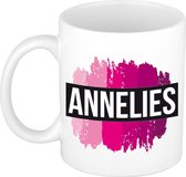 Annelies naam cadeau mok / beker met roze verfstrepen - Cadeau collega/ moederdag/ verjaardag of als persoonlijke mok werknemers
