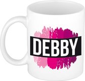 Debby  naam cadeau mok / beker met roze verfstrepen - Cadeau collega/ moederdag/ verjaardag of als persoonlijke mok werknemers