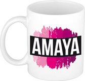 Amaya  naam cadeau mok / beker met roze verfstrepen - Cadeau collega/ moederdag/ verjaardag of als persoonlijke mok werknemers