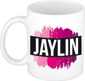 Jaylin  naam cadeau mok / beker met roze verfstrepen - Cadeau collega/ moederdag/ verjaardag of als persoonlijke mok werknemers