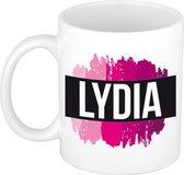 Lydia  naam cadeau mok / beker met roze verfstrepen - Cadeau collega/ moederdag/ verjaardag of als persoonlijke mok werknemers