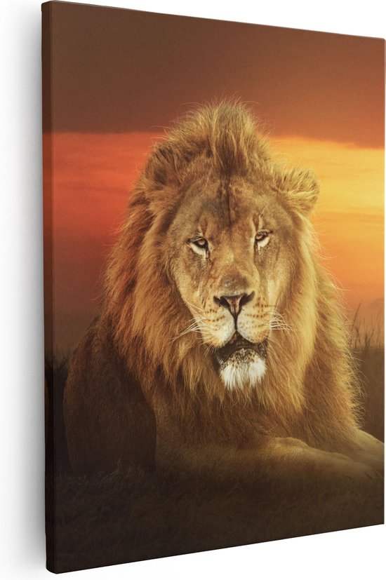 Artaza Canvas Schilderij Leeuw In De Savanne - Zonsondergang - 80x100 - Groot - Foto Op Canvas - Canvas Print