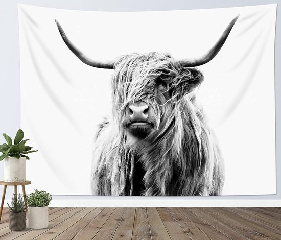 Ulticool Wandkleed 200x150 cm – Schotste Hooglander Koe Zwart Wit – Met Bevestigingspinnen - voor Binnen - Aesthetic Room Decor Wandtapijt Decoratie Poster Boho Wanddoek Slaapkamer Natuur Schilderij Canvas - Vrouw Man Tiener Meisje