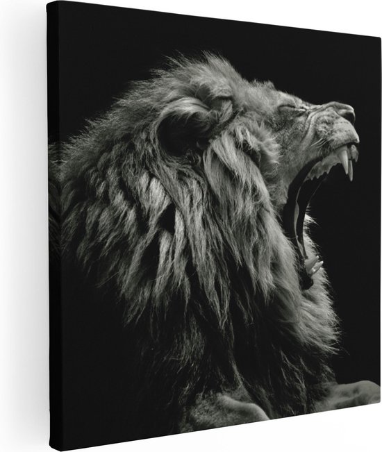 Artaza Canvas Schilderij Brullende Leeuw - Leeuwenkop - Zwart Wit - 60x60 - Foto Op Canvas - Canvas Print