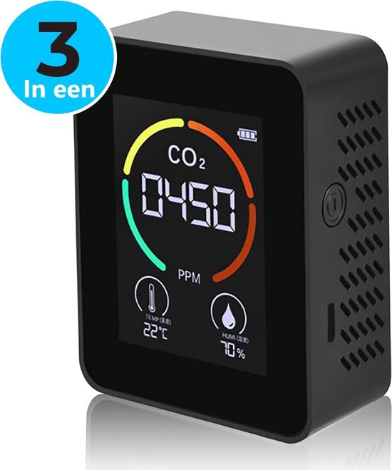 3 in 1 CO2 Meter, Melder & Monitor - Thermometer - Hygrometer Binnen -  Draagbaar en... | bol.com