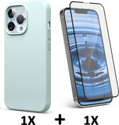 iPhone 13 Pro Max Hoesje Turquoise & Volledige Glazen Screenprotector - Siliconen Back Cover
