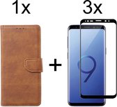 Samsung S9 Hoesje - Samsung Galaxy S9 hoesje bookcase bruin wallet case portemonnee hoes cover hoesjes - Full Cover - 3x Samsung S9 screenprotector