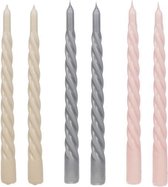 Cactula Swirl Kaarsen | Set van 6 in 3 verschillende kleuren | 2,3 x 29 cm | Trend 2021 | Lange Dinerkaarsen | Fairy Tale / Beige / Grey / Pink