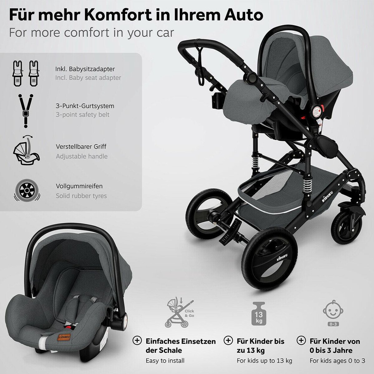 KIDUKU- 3 in 1 combi-kinderwagen- antraciet/zwart buggy - afbeelding 3